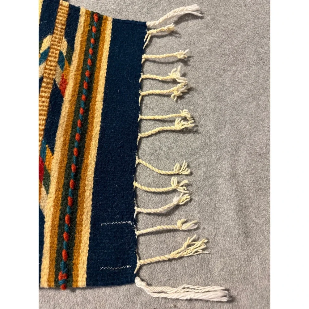 Vintage Zapotec Mexican Wool Tapestry Runner Blue Southwestern 100% Lana